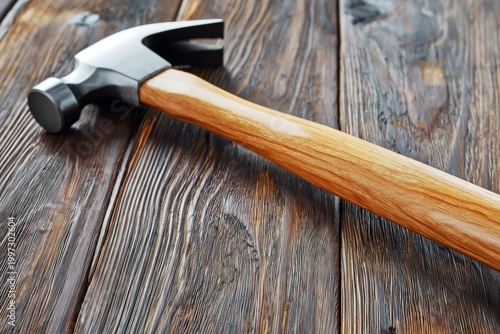 Wooden Hammer Rests on a Rustic Wooden Surface in a Craft Workshop During the...