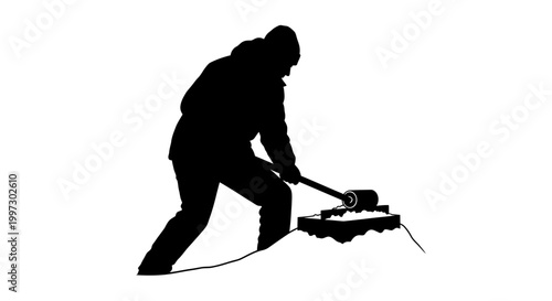 Silhouette of a Person Shoveling Snow During Winter Weather.