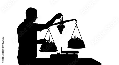 Silhouette of a Person Weighing Grapes on a Scale.