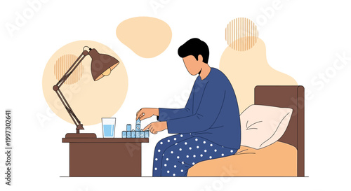 Man in Pajamas Taking Pills from Medicine Box by Bedside Lamp