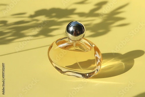 Transparent bottle of perfume on a yellow background. Fragrance presentation with daylight. Trending concept in natural materials with beautiful shadow. Women's essence.