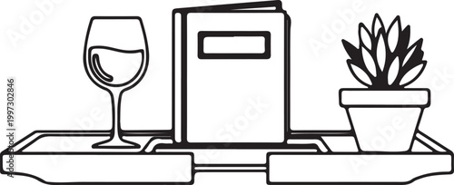 Line drawing of a tray with a wine glass book potted plant self care still life personal time illustration relaxation lifestyle beverage container minimalist arrangement