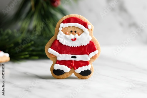 Santa Cookie Decoration on a Marble Surface With Holiday Greens in the Backgr...