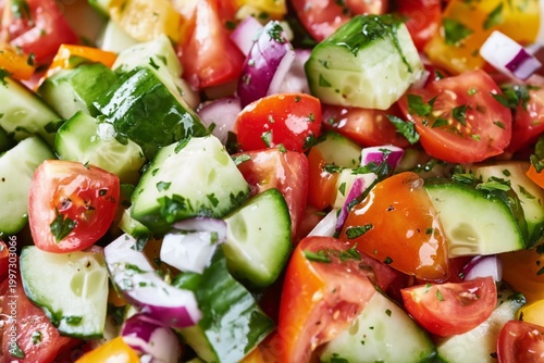 Fresh Vegetable Salad With Tomatoes, Cucumbers, Onions, and Herbs in a Bowl a...