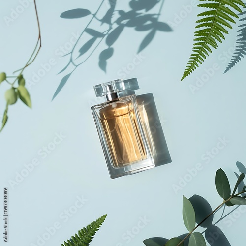 Transparent bottle of perfume on a blue background. Fragrance presentation with daylight. Trending concept in natural materials with plant shadow. Women's and men's essence.