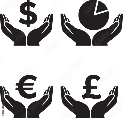Hands holding currency symbol icon representing financial care savings support and wealth protection