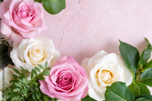 Roses in Pink and White Colors With Green Leaves Arranged on a Light Background
