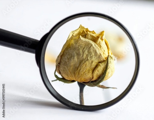 Dried yellow rose seen through magnifying glass, macro close-up view of wilted flower petals, investigation and analysis, nostalgia, decay, fragility