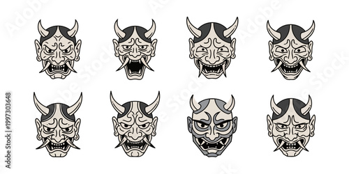 Stylized demon masks array on black background vector illustration