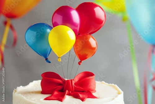 Cake With Colorful Balloons on Top and a Red Bow for a Birthday Celebration