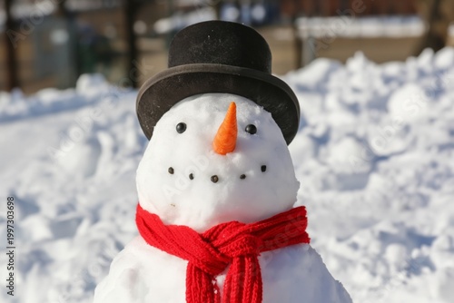 Snowman Stands in Winter Landscape With Snow-Covered Ground and Trees in Back...