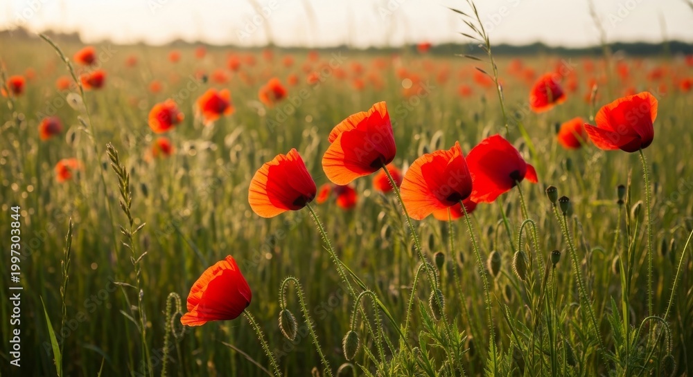 Obraz premium Vibrant Red Poppies Blooming in a Sunlit Meadow