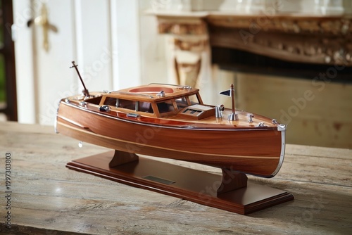 Model Boat on Display in a Room With Wooden Furniture and Light Background
