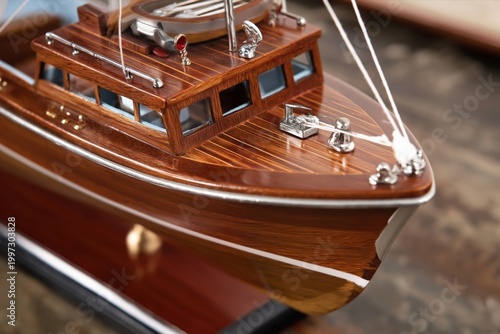 Model Boat on Display in a Room With Wooden Furniture and Light Background