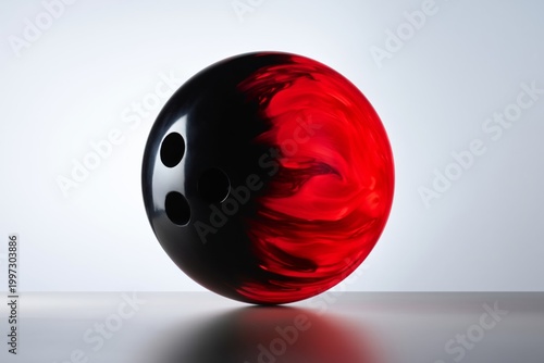 Bowling Ball With Red and Black Swirl Design Sits on a Simple Surface