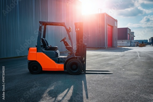 Forklift Parked Near Industrial Buildings During Late Afternoon Light