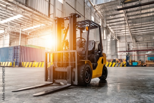 Forklift Operates Inside Warehouse During Day at Industrial Site