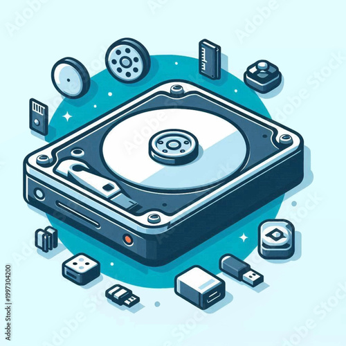 Isometric hard drive graphic with surrounding data storage components set against a pale blue background