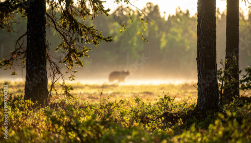 Majestic bear in a tranquil forest clearing with morning sunlight