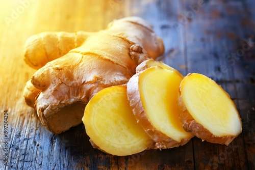 Fresh Ginger Root and Sliced Pieces on Wooden Table in Natural Light