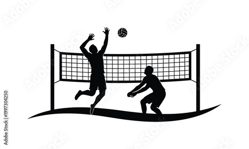 Two players jumping for volleyball near net