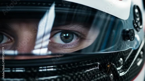 Close-up of an eye behind a dark motorcycle helmet visor.