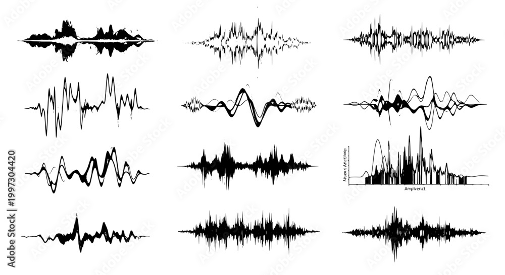 Obraz premium Sound waves vector set with black lines and curves on white background, audio signal and music waveforms.