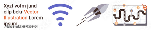 Wireless communication, technology, navigation, transportation, exploration, progress. A wireless signal icon, a rocket and a navigation map graphic. Wireless communication and navigation concept
