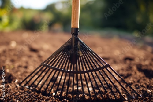 Gardening Tool Resting on Freshly Turned Soil in a Sunny Outdoor Area During the Spring Season