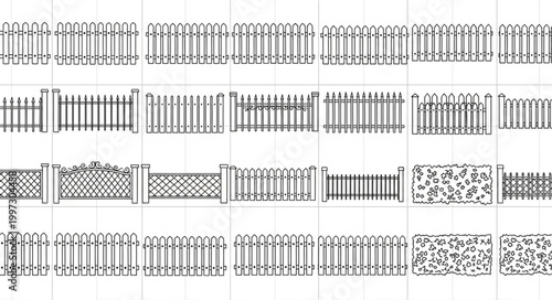 Collection of various fence designs and styles illustration.