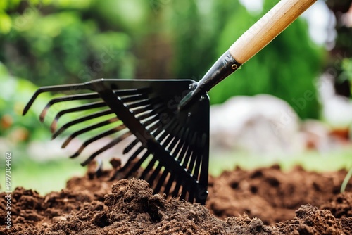 Gardening Tool is Used to Prepare Soil in a Backyard Garden During a Sunny Af...