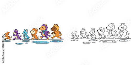 Cute Animal Parade Line Art for Coloring