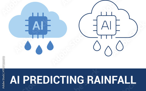 AI-powered rainfall prediction concept illustration with cloud computing, data analysis chip, weather forecasting technology, machine learning meteorology, modern flat design vector style.