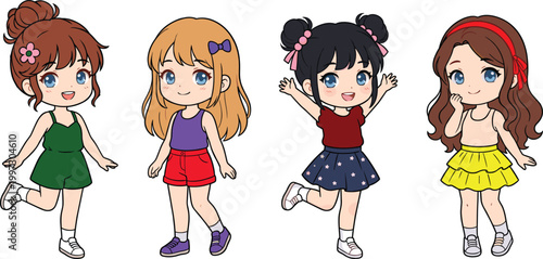 Cartoon girl character illustration showing four different outfits, hairstyles, and poses with colorful clothing variations for design reference