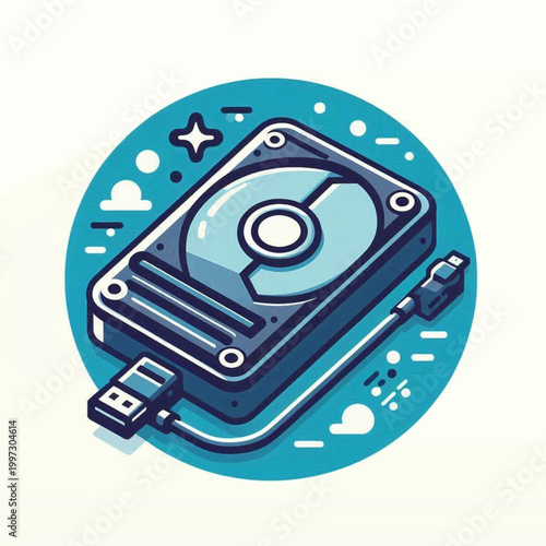 Stylized hard drive illustration with a blue color scheme and geometric decoration