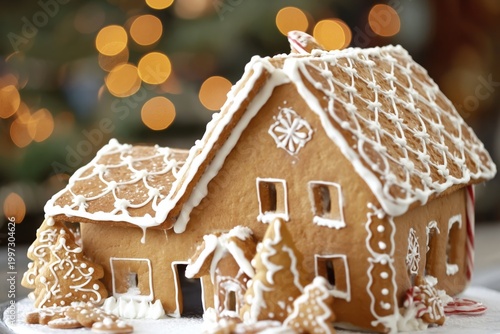 Gingerbread House Sits on a Table With Decorations in the Background During H...