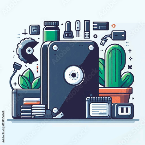 Techthemed graphic central hard drive surrounded by gadgets plants and stationery