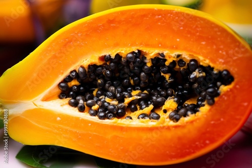 Bright Orange Papaya Half Shows Seeds on a Dark Background