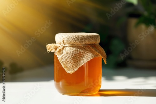 Honey Jar Placed on a Table Under Warm Sunlight in a Cozy Indoor Setting