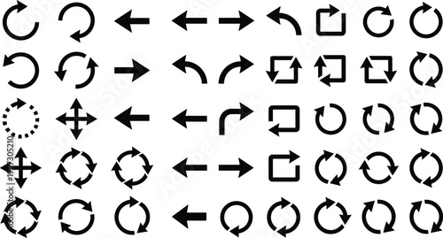Photos Collection of black arrow and rotation icons showing directional movement, curve