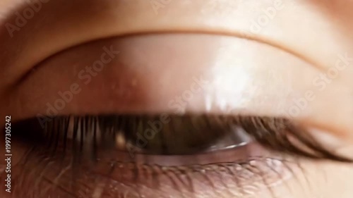 Closed human eye with long lashes in close-up shot.