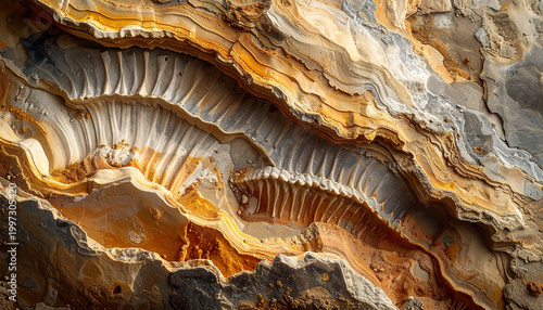 Close up of ancient geological strata with fossilized bones