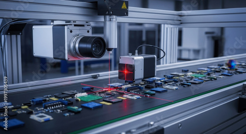 Industrial automation quality control machine vision conveyor laser scanner circuit board electronics factory production inspection system Industrial automation quality control scene showing