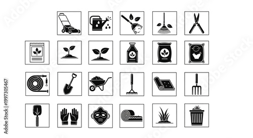 Gardening Tools and Supplies Icons Set.
