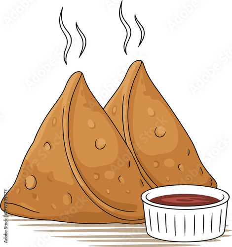 Professional illustration of two hot crispy samosas with spicy dipping sauce, Indian snack food vector