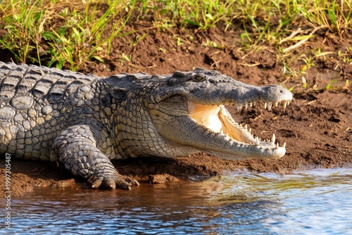 Large Crocodile Opens Mouth Near Water at a Riverbank in the Wild