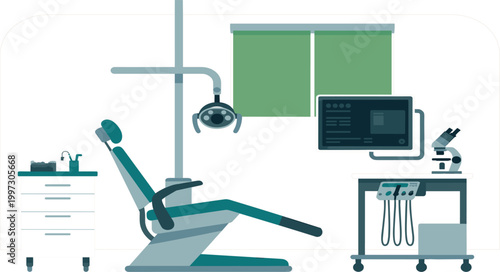 Professional flat design illustration of a modern dental clinic interior with examination chair, medical monitor, and laboratory equipment vector