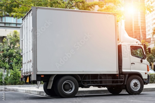 Large White Truck Parked on City Street Near Tall Buildings in Bright Sunlight