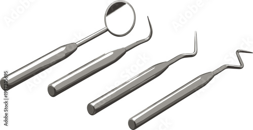 Professional illustration of stainless steel dental tools including a mouth mirror and probes for dentistry and oral health concept vector