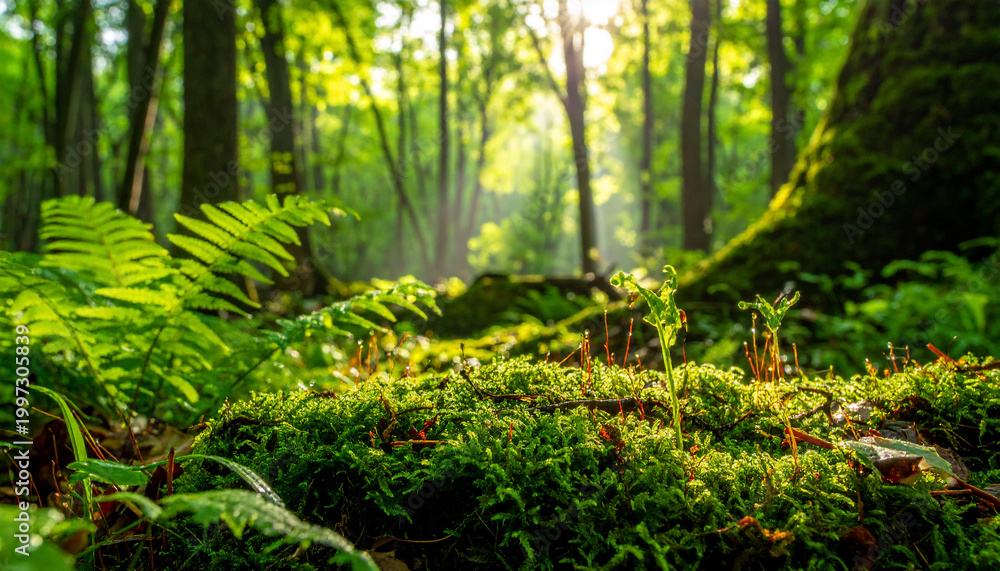 Fototapeta premium Fresh green forest scene in spring with mossy ground